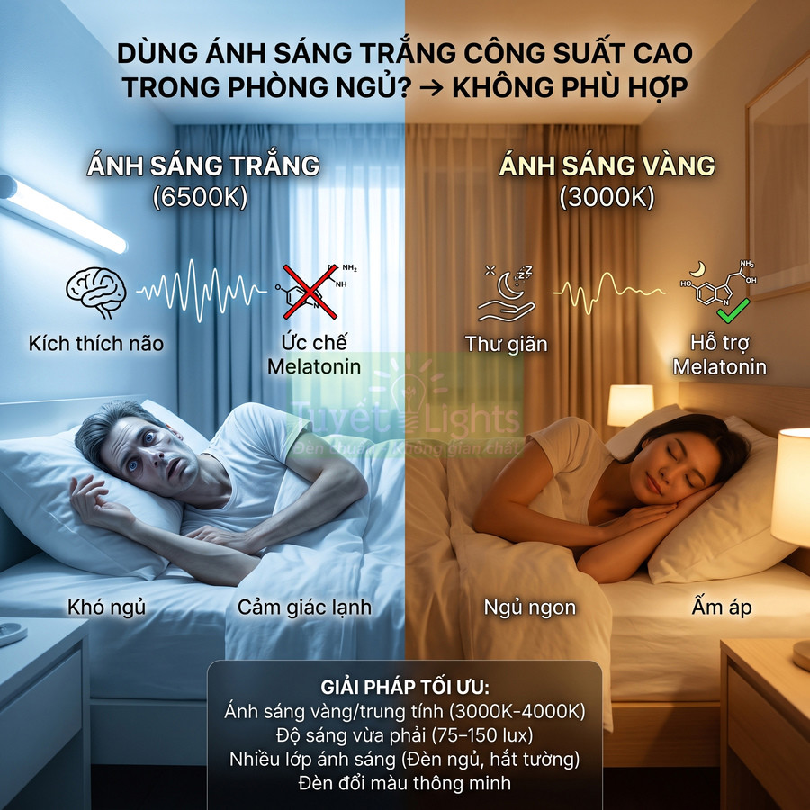So sánh tác động đèn ánh sáng trắng và đèn ánh sáng vàng trong phòng ngủ đến giấc ngủ người dùng