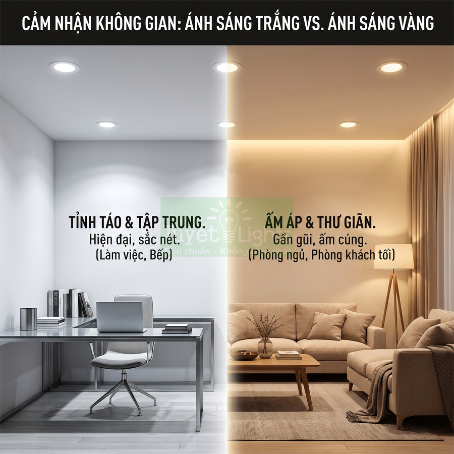 So sánh đèn trần ánh sáng trắng cho phòng làm việc và ánh sáng vàng cho phòng khách ấm áp