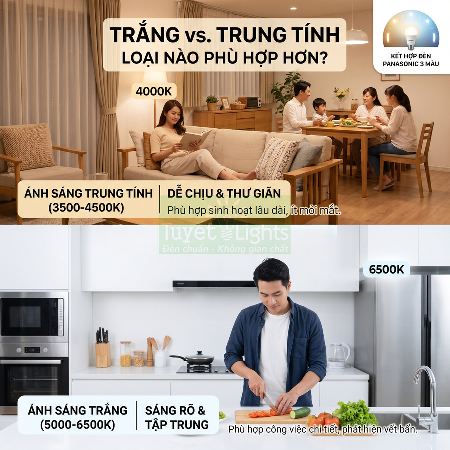 Đèn LED Panasonic 3 màu so sánh ánh sáng trắng và trung tính cho phòng khách và bếp gia đình