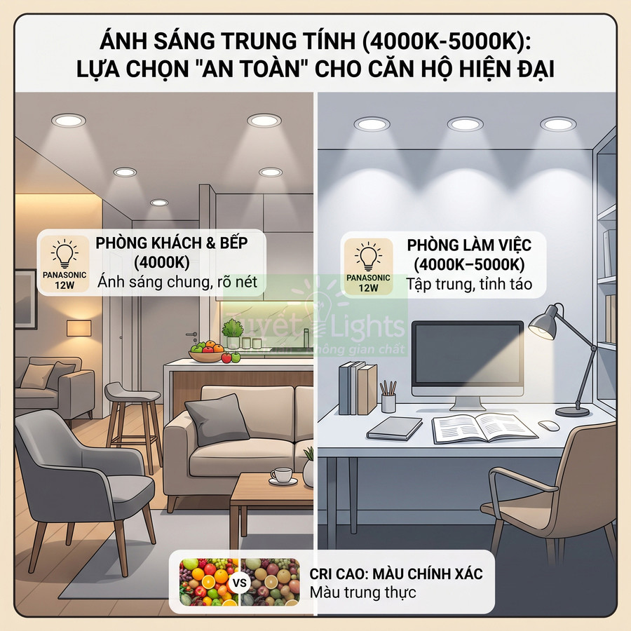 Đèn LED Panasonic 12W ánh sáng trung tính 4000K 5000K cho phòng khách bếp và phòng làm việc hiện đại
