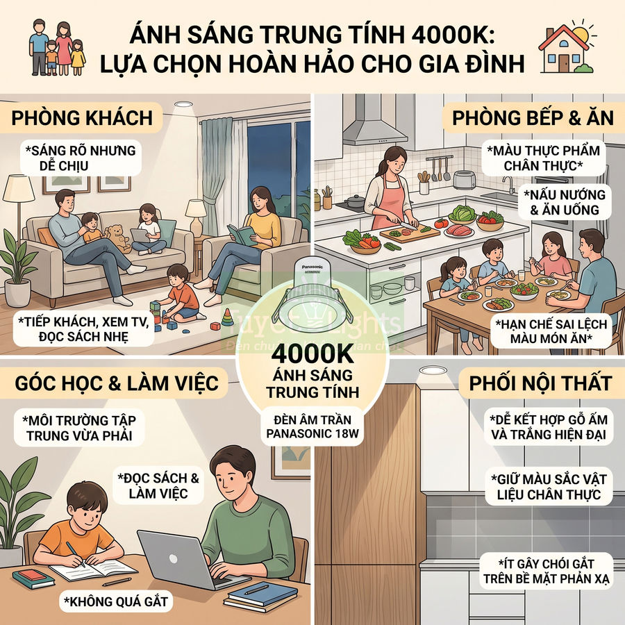 Đèn âm trần Panasonic 18W ánh sáng trung tính 4000K chiếu sáng phòng khách, bếp ăn và góc học tập gia đình