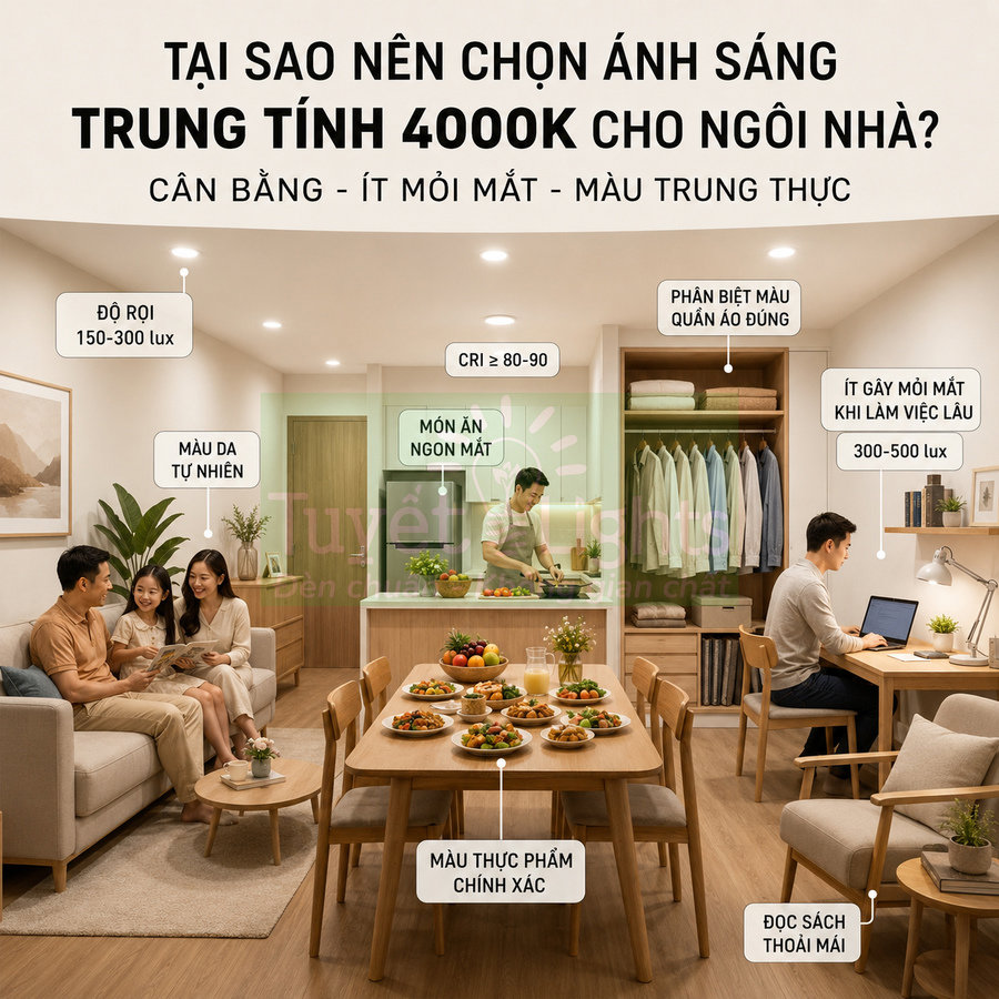 Phòng khách và bếp gia đình sử dụng đèn LED ánh sáng trung tính 4000K cho sinh hoạt, ăn uống và làm việc
