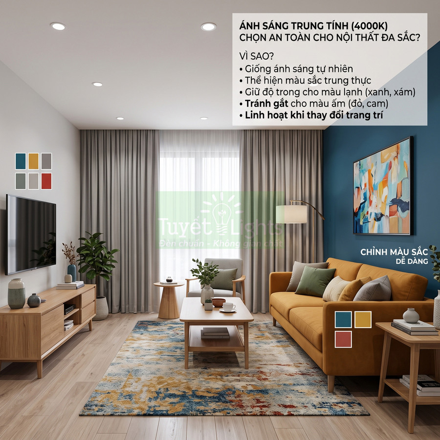 Phòng khách hiện đại dùng đèn âm trần ánh sáng trung tính 4000K Tuyết Lights làm nổi bật sofa vàng và nội thất gỗ