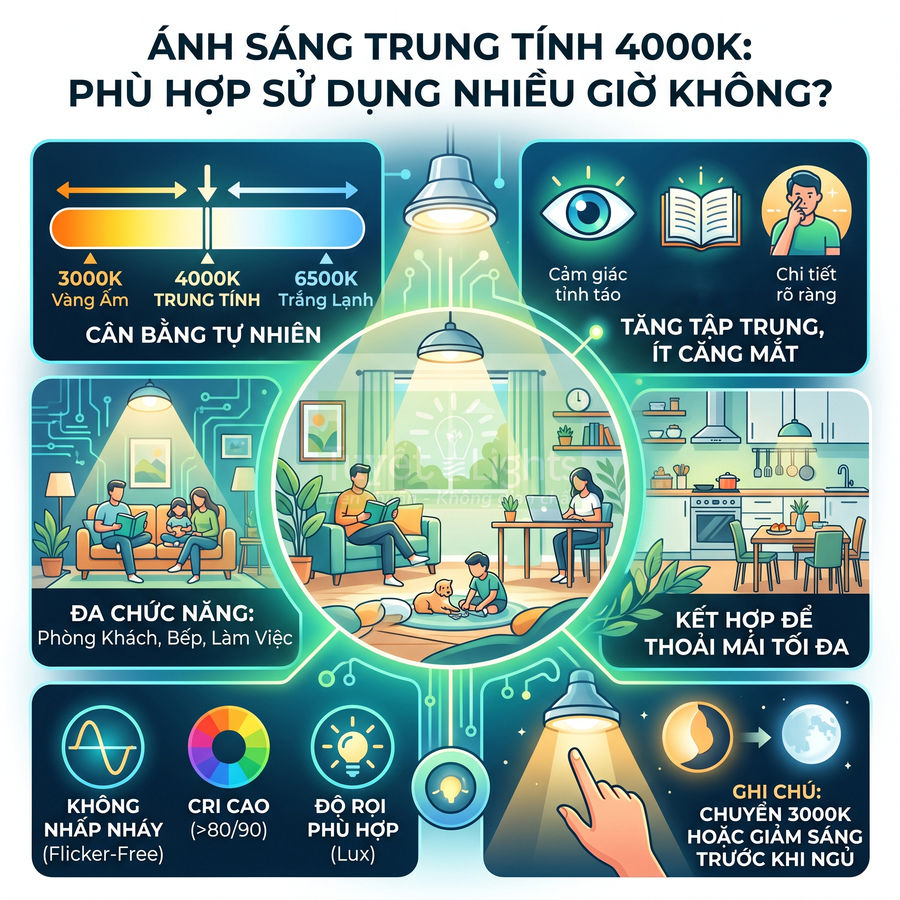Đèn LED ánh sáng trung tính 4000K chiếu sáng phòng khách, bếp và góc làm việc, tăng tập trung và giảm mỏi mắt
