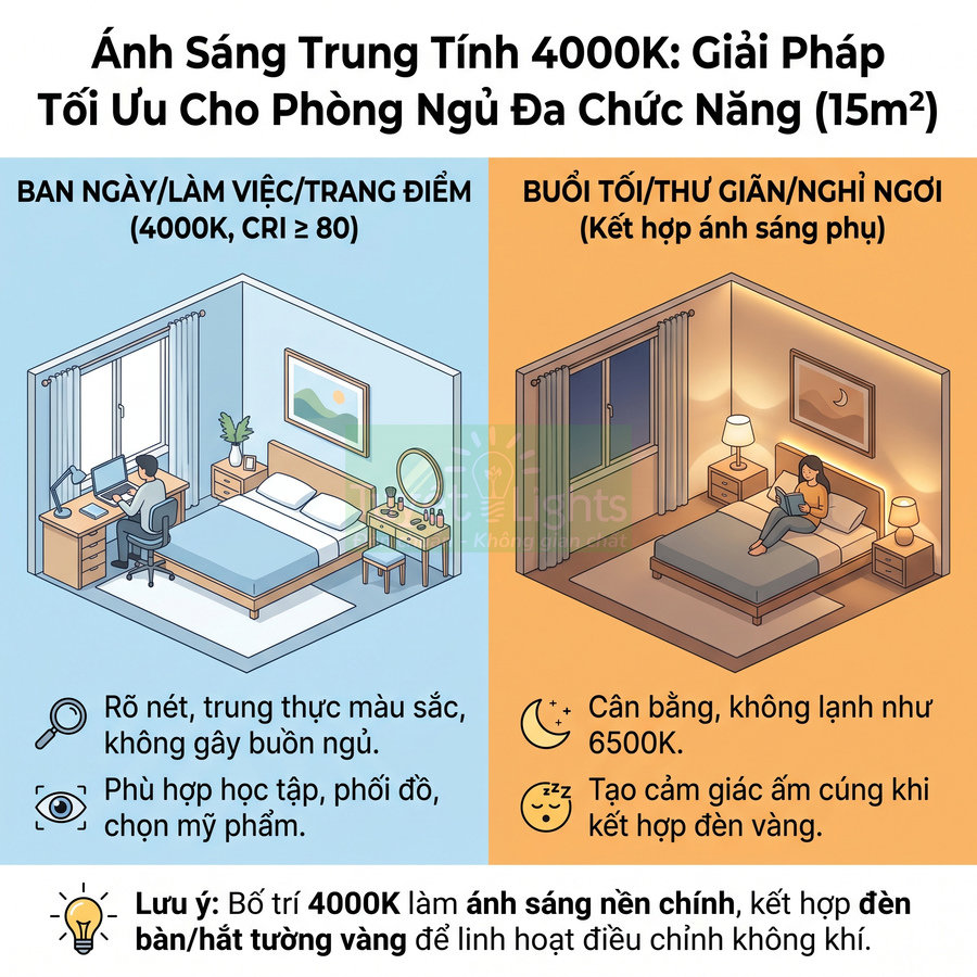Minh họa phòng ngủ 15m2 dùng đèn LED ánh sáng trung tính 4000K cho làm việc ban ngày và thư giãn buổi tối