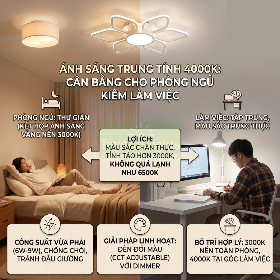 Đèn trần LED ánh sáng trung tính 4000K cho phòng ngủ kết hợp góc làm việc, tạo không gian thư giãn và tập trung