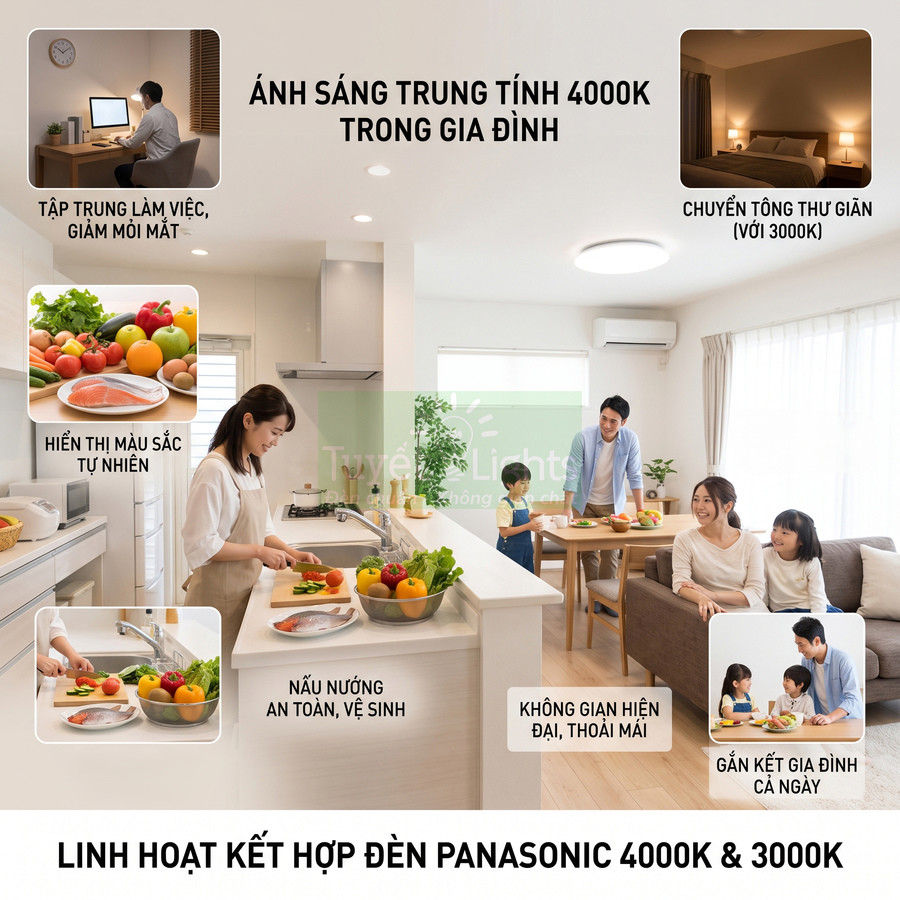 Gia đình sinh hoạt trong nhà bếp và phòng khách sử dụng đèn trần Panasonic ánh sáng trung tính 4000K và 3000K