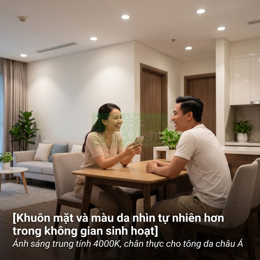 Đèn LED âm trần ánh sáng trung tính 4000K chiếu sáng phòng khách bếp với hai người trò chuyện quanh bàn gỗ