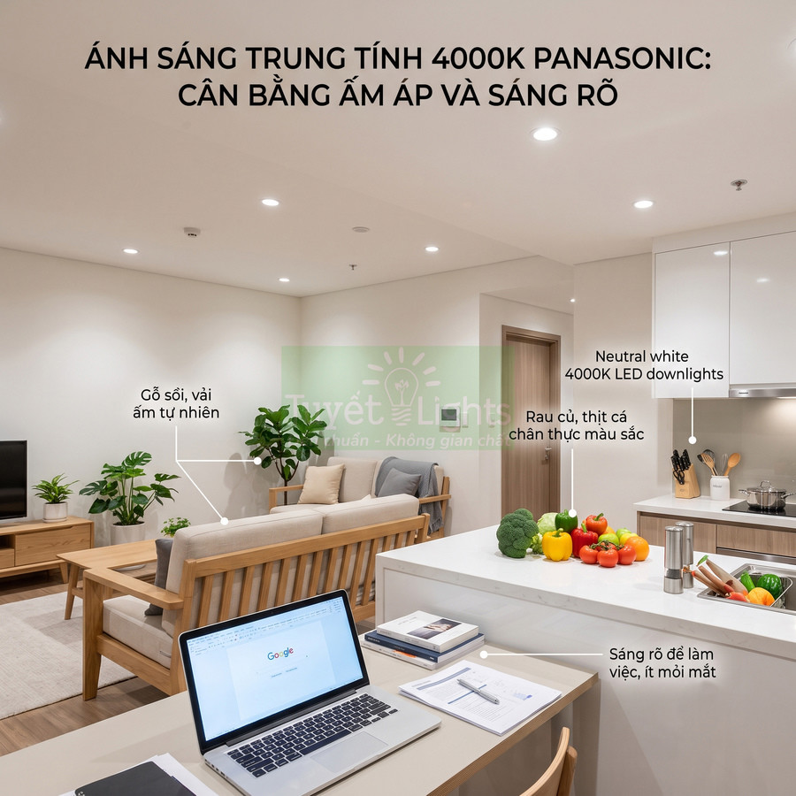 Đèn LED âm trần Panasonic 4000K chiếu sáng phòng khách và bếp hiện đại, màu sắc rau củ chân thực
