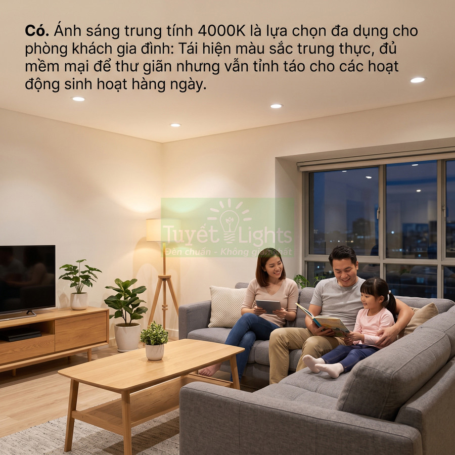 Đèn LED âm trần ánh sáng trung tính 4000K Tuyết Lights chiếu sáng phòng khách gia đình ấm cúng