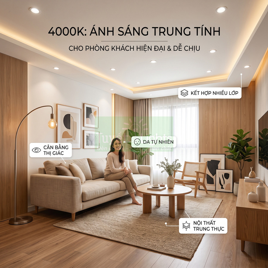 Phòng khách hiện đại dùng đèn trần ánh sáng trung tính 4000K tạo không gian ấm áp và dễ chịu