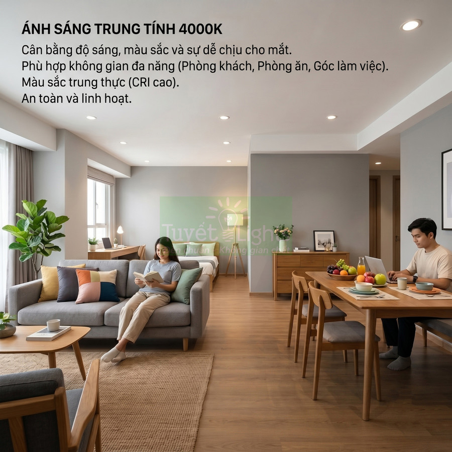 Đèn LED âm trần ánh sáng trung tính 4000K chiếu sáng phòng khách và phòng ăn hiện đại