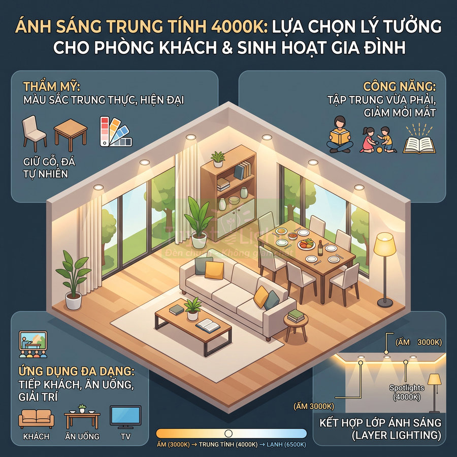 Phòng khách gia đình dùng đèn LED ánh sáng trung tính 4000K, bố trí chiếu sáng trần và đèn đứng hiện đại
