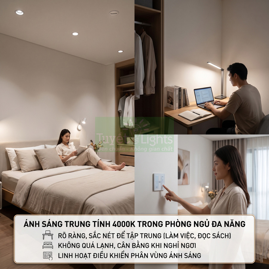 Đèn LED ánh sáng trung tính 4000K cho phòng ngủ đa năng, phù hợp làm việc, đọc sách và thư giãn