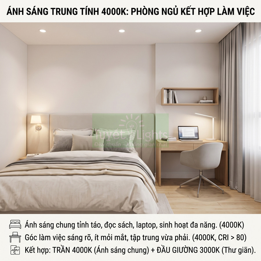 Phòng ngủ kết hợp góc làm việc với đèn trần và đèn bàn ánh sáng trung tính 4000K