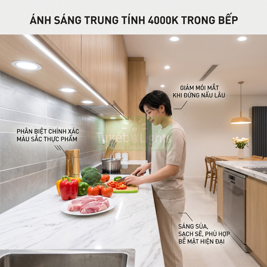 Đèn LED ánh sáng trung tính 4000K trong bếp giúp người phụ nữ nấu ăn, làm nổi bật màu sắc thực phẩm trên bàn đá trắng