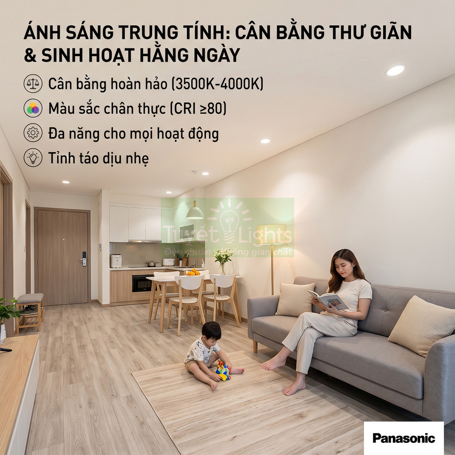 Đèn LED âm trần Panasonic ánh sáng trung tính chiếu sáng phòng khách và bếp gia đình hiện đại