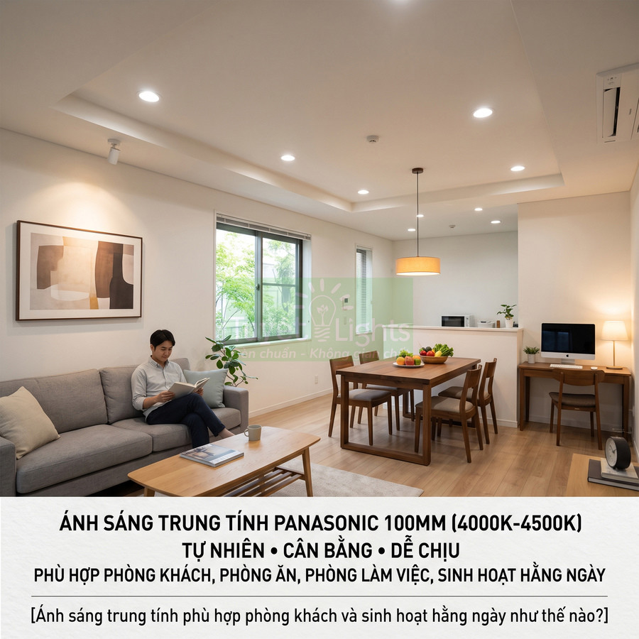 Đèn LED âm trần Panasonic ánh sáng trung tính chiếu sáng phòng khách và phòng ăn hiện đại