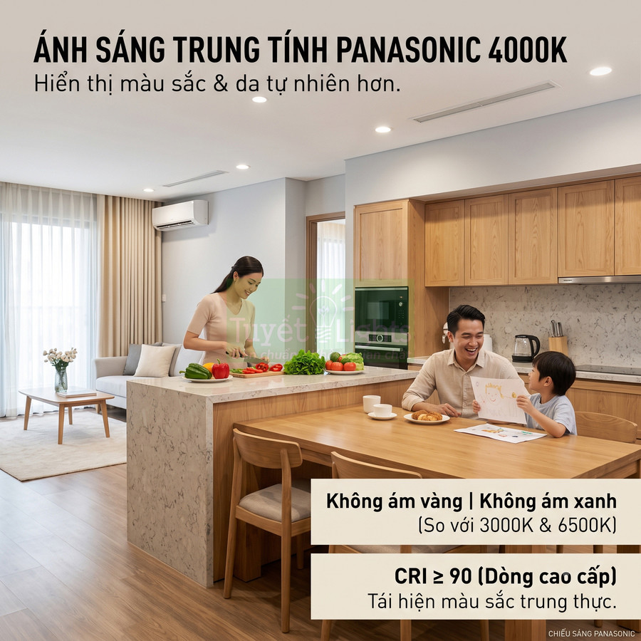 Đèn LED Panasonic ánh sáng trung tính 4000K chiếu sáng phòng bếp gia đình, tái hiện màu sắc tự nhiên