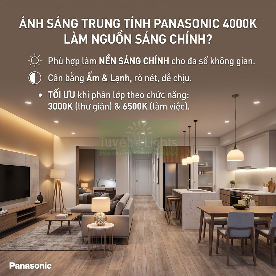 Phòng khách và bếp hiện đại sử dụng hệ thống đèn trần Panasonic ánh sáng trung tính 4000K