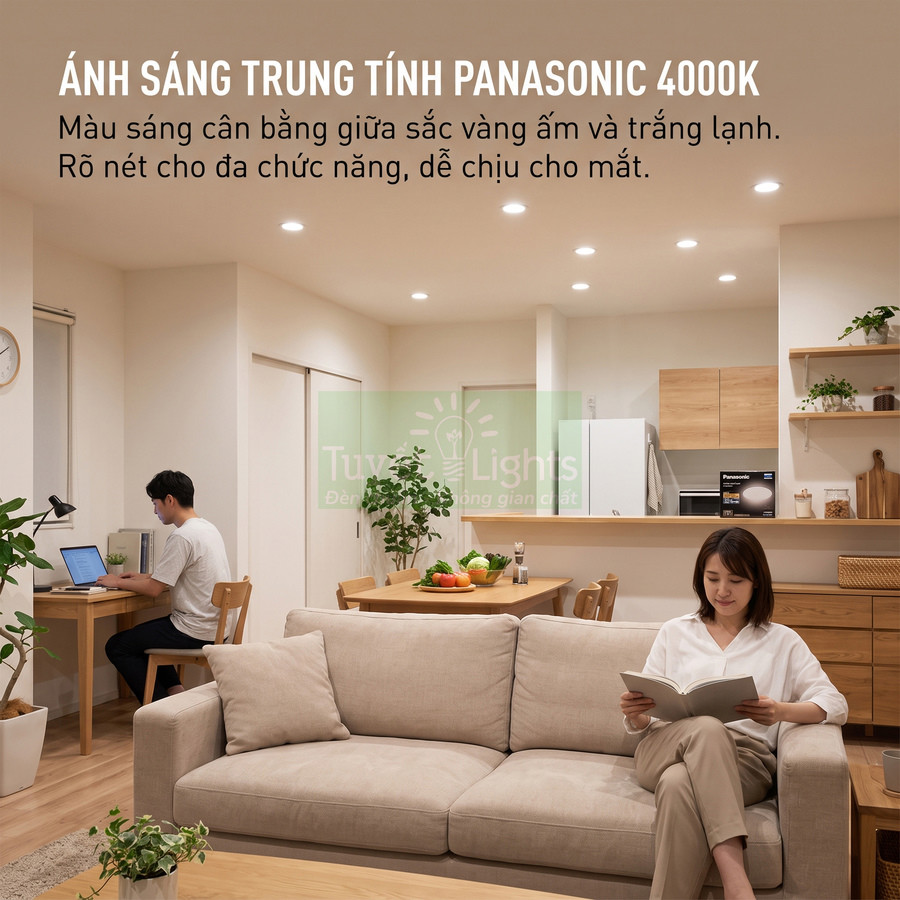 Phòng khách bếp hiện đại sử dụng đèn âm trần Panasonic ánh sáng trung tính 4000K chiếu sáng đều, dễ chịu