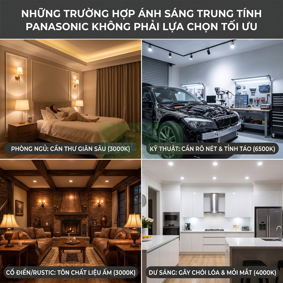 Các không gian phòng ngủ, phòng khách, gara ô tô và bếp với nhiệt độ màu đèn Panasonic khác nhau
