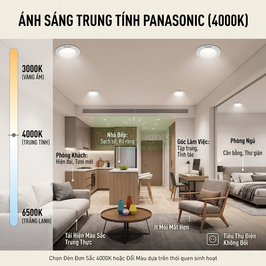 Đèn LED âm trần Panasonic ánh sáng trung tính 4000K chiếu sáng phòng khách, bếp, góc làm việc và phòng ngủ