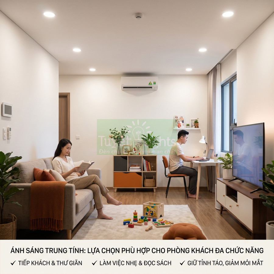 Phòng khách đa chức năng với đèn âm trần ánh sáng trung tính, phù hợp đọc sách, làm việc và sinh hoạt gia đình