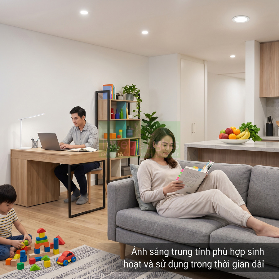 Đèn LED âm trần ánh sáng trung tính chiếu sáng phòng khách và góc làm việc gia đình hiện đại