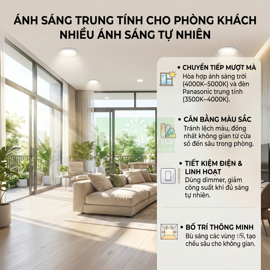 Đèn âm trần Panasonic ánh sáng trung tính cho phòng khách nhiều cửa kính và cây xanh
