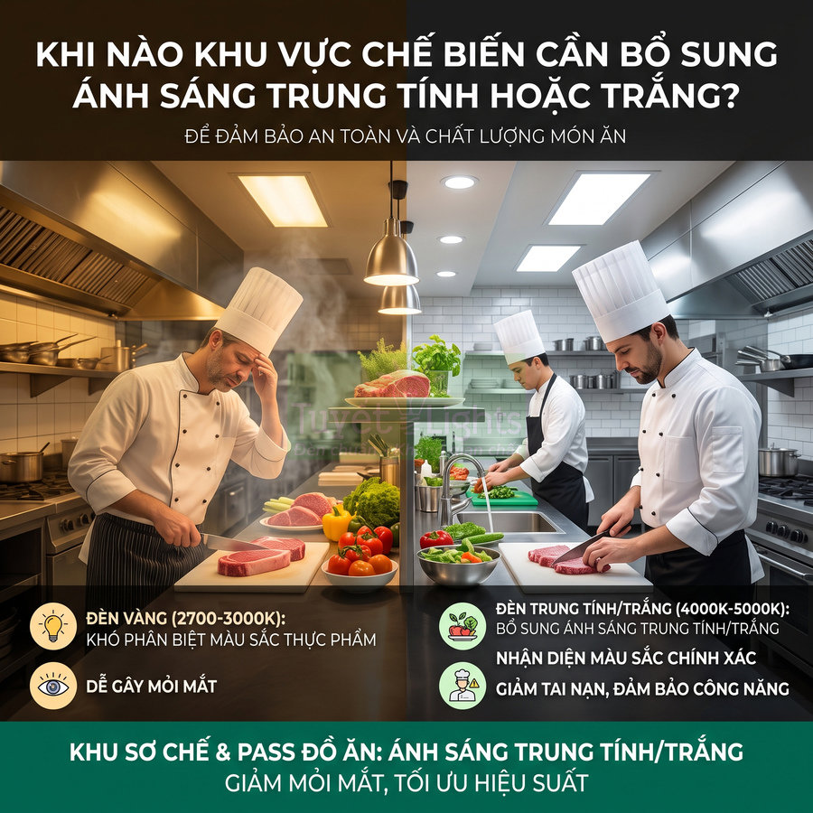 Đầu bếp trong bếp nhà hàng chế biến thịt và rau dưới ánh sáng trung tính trắng để nhận diện màu thực phẩm chính xác