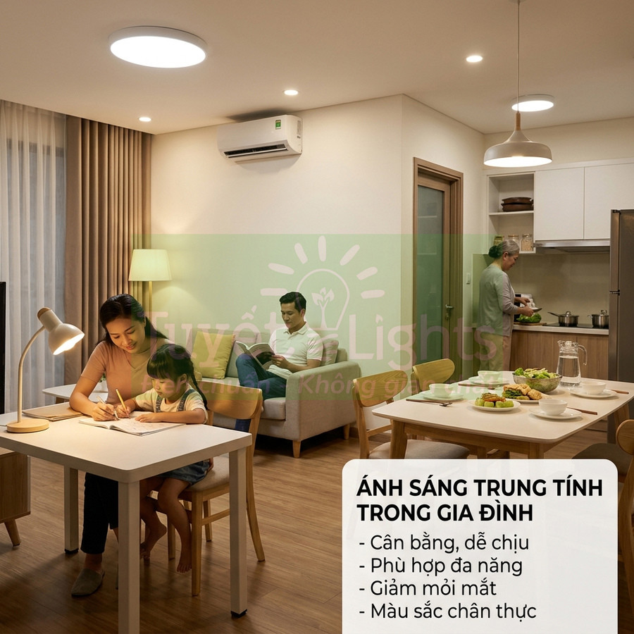 Đèn trần LED ánh sáng trung tính chiếu sáng phòng khách và bếp gia đình ấm cúng