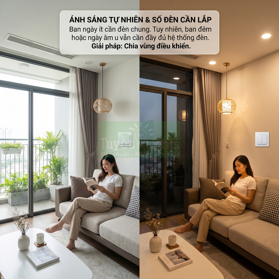 Công tắc đèn thông minh điều khiển đèn chiếu sáng phòng khách ban ngày và ban đêm