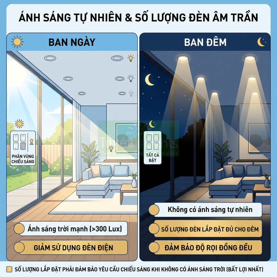 Minh họa phòng khách với cửa kính lớn và hệ thống đèn âm trần điều chỉnh ánh sáng ban ngày ban đêm