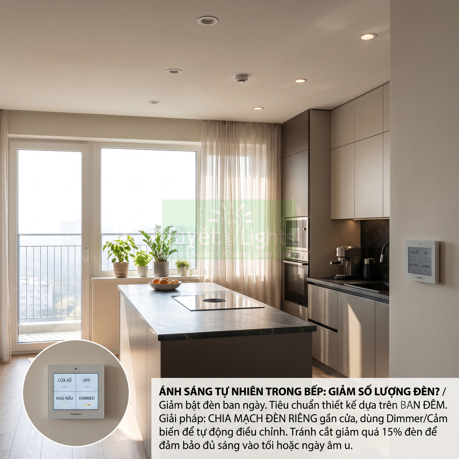 Công tắc đèn Panasonic điều chỉnh ánh sáng tự động trong căn bếp hiện đại nhiều ánh sáng tự nhiên