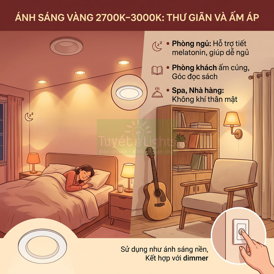 Đèn LED âm trần ánh sáng vàng 2700K 3000K tạo không gian phòng ngủ và phòng khách ấm áp thư giãn