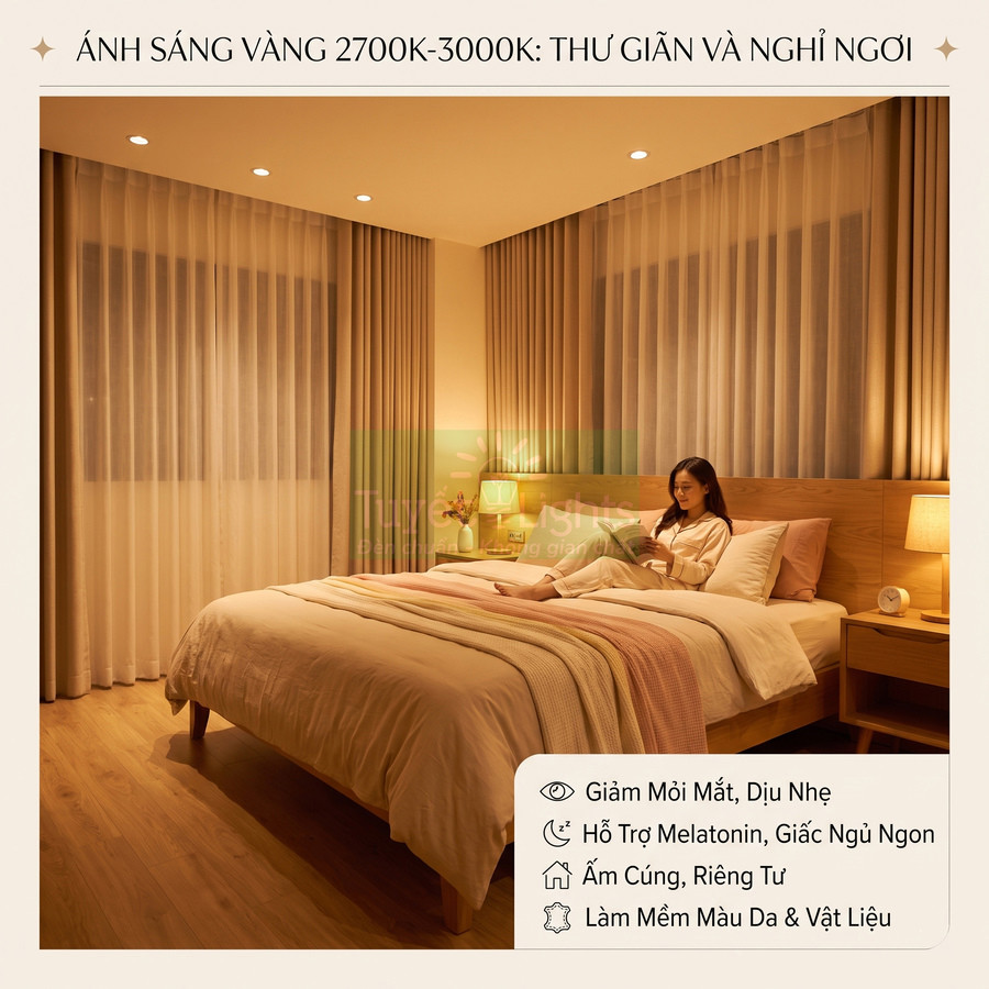 Phòng ngủ ấm cúng với ánh sáng vàng 2700K 3000K dịu nhẹ, cô gái thư giãn đọc sách trên giường