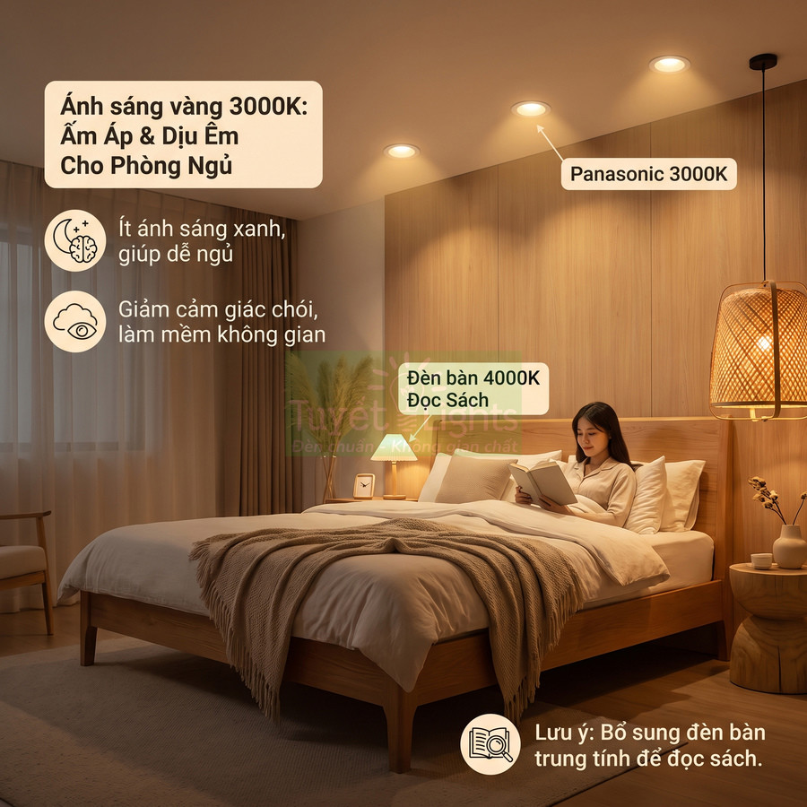 Đèn trần Panasonic 3000K chiếu sáng vàng ấm cho phòng ngủ hiện đại, kết hợp đèn bàn trung tính để đọc sách