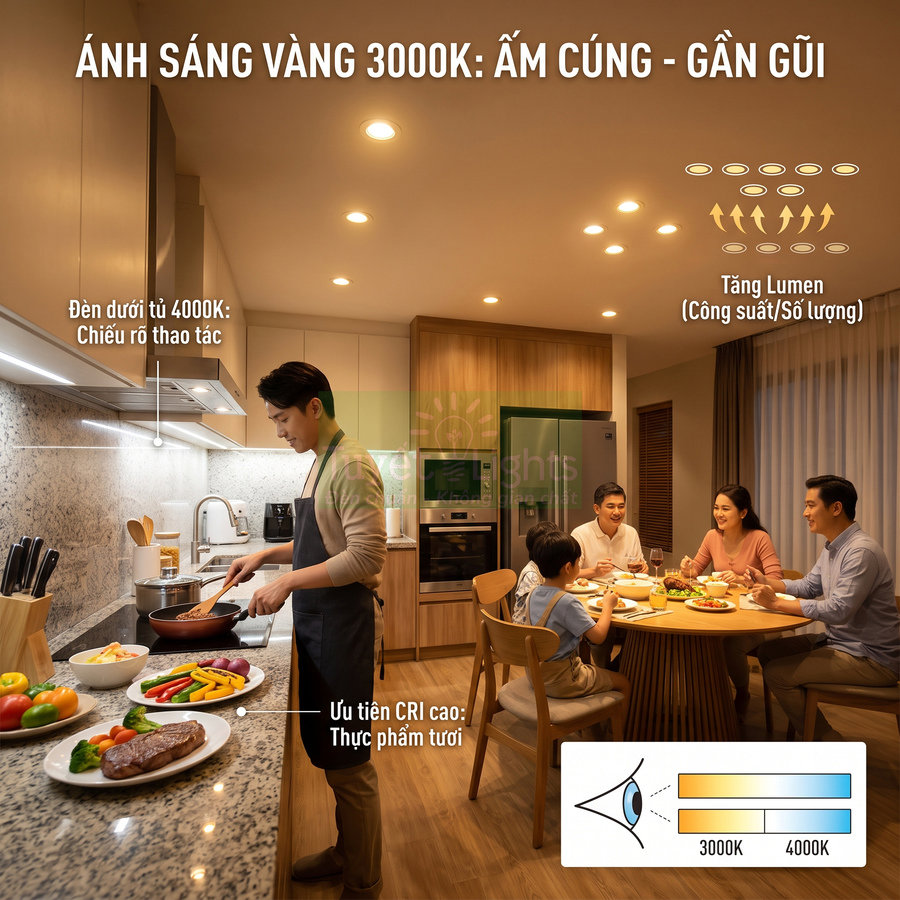 Đèn LED âm trần ánh sáng vàng 3000K chiếu sáng ấm cúng cho phòng bếp và bàn ăn gia đình