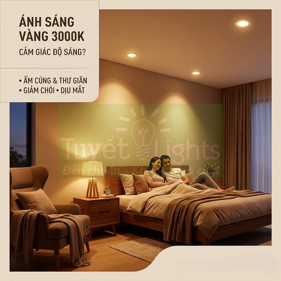 Đèn LED âm trần ánh sáng vàng 3000K tạo không gian phòng ngủ ấm cúng và thư giãn