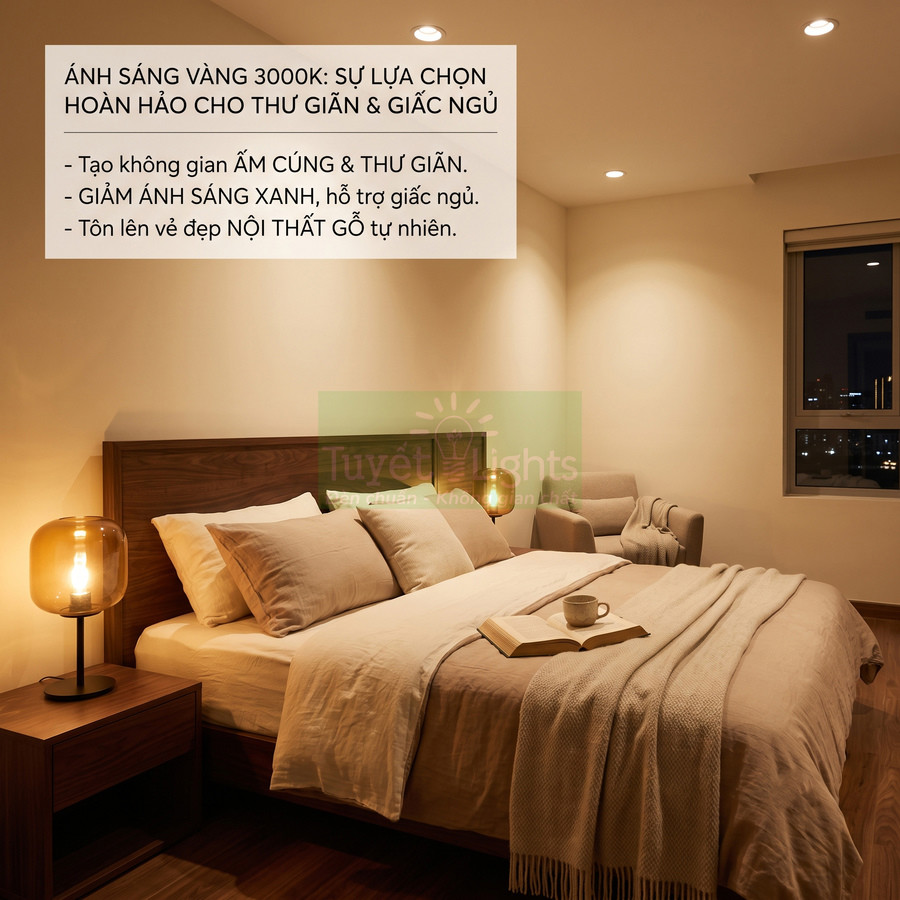 Phòng ngủ nội thất gỗ ấm cúng với đèn ngủ ánh sáng vàng 3000K thương hiệu Tuyết Lights hỗ trợ thư giãn và giấc ngủ