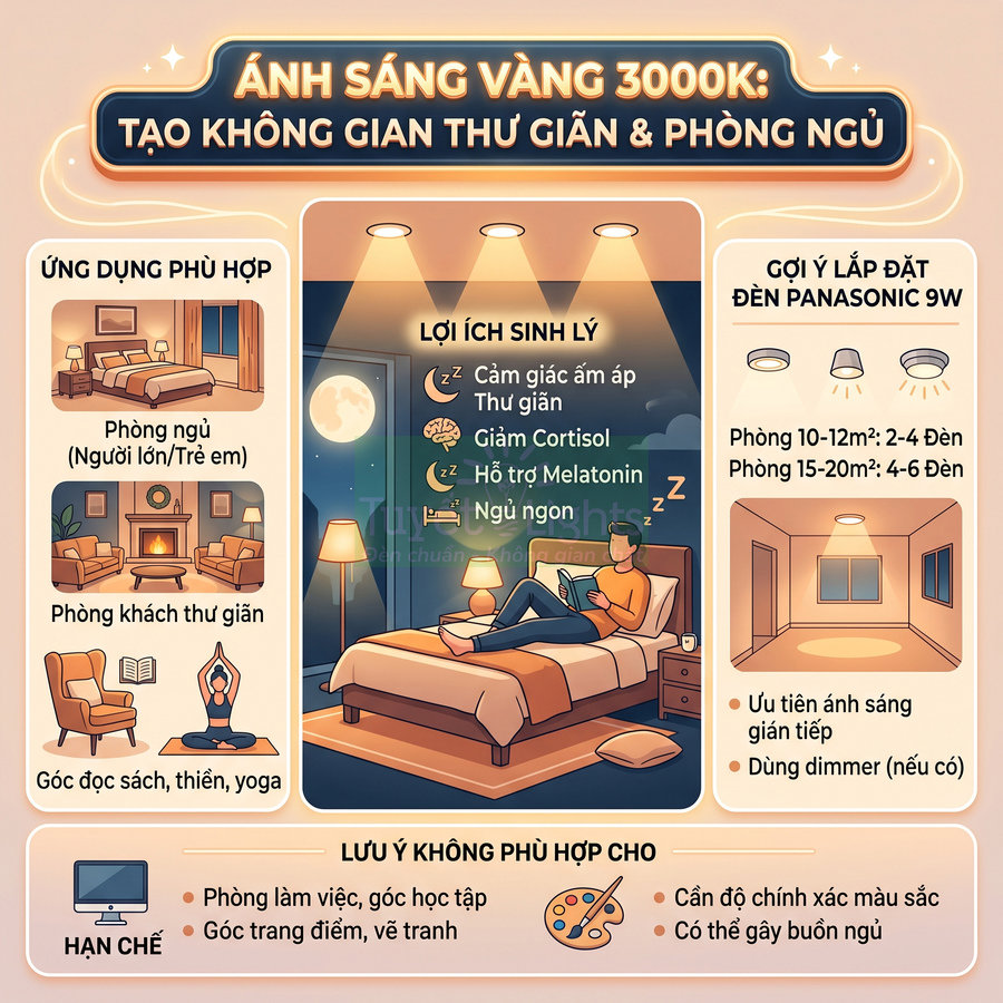 Infographic hướng dẫn dùng đèn Panasonic 9W ánh sáng vàng 3000K cho phòng ngủ và không gian thư giãn