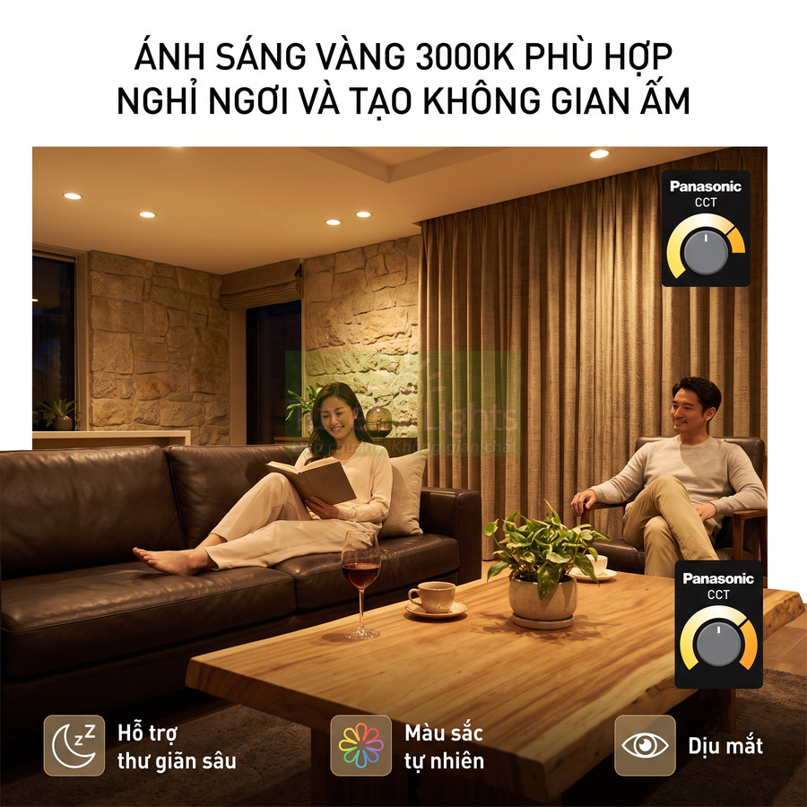 Đèn LED Panasonic ánh sáng vàng 3000K chiếu phòng khách, tạo không gian ấm áp thư giãn cho gia đình