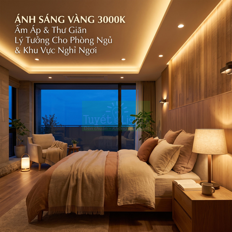 Phòng ngủ hiện đại sử dụng đèn LED ánh sáng vàng 3000K tạo không gian ấm áp thư giãn