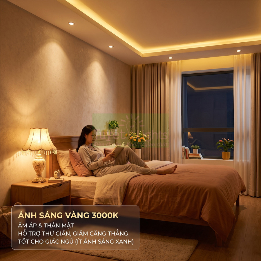 Phòng ngủ sử dụng đèn LED ánh sáng vàng 3000K tạo không gian ấm áp thư giãn cho giấc ngủ