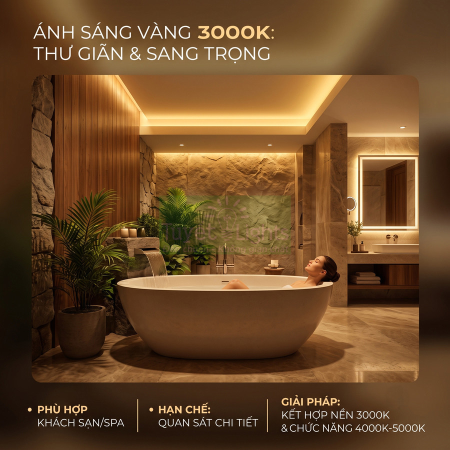 Phòng tắm spa sang trọng với bồn tắm đá và hệ thống đèn LED ánh sáng vàng 3000K thư giãn