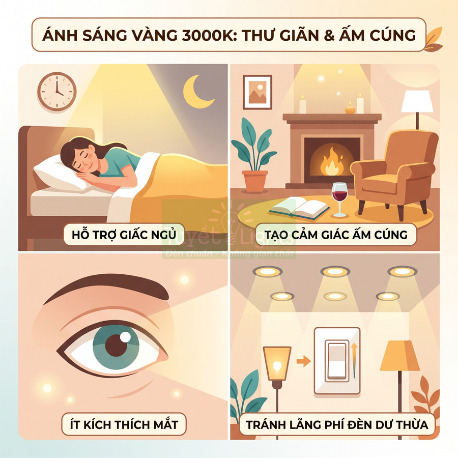 Infographic lợi ích ánh sáng vàng 3000K cho giấc ngủ, tạo không gian ấm cúng, ít kích thích mắt, tiết kiệm điện đèn