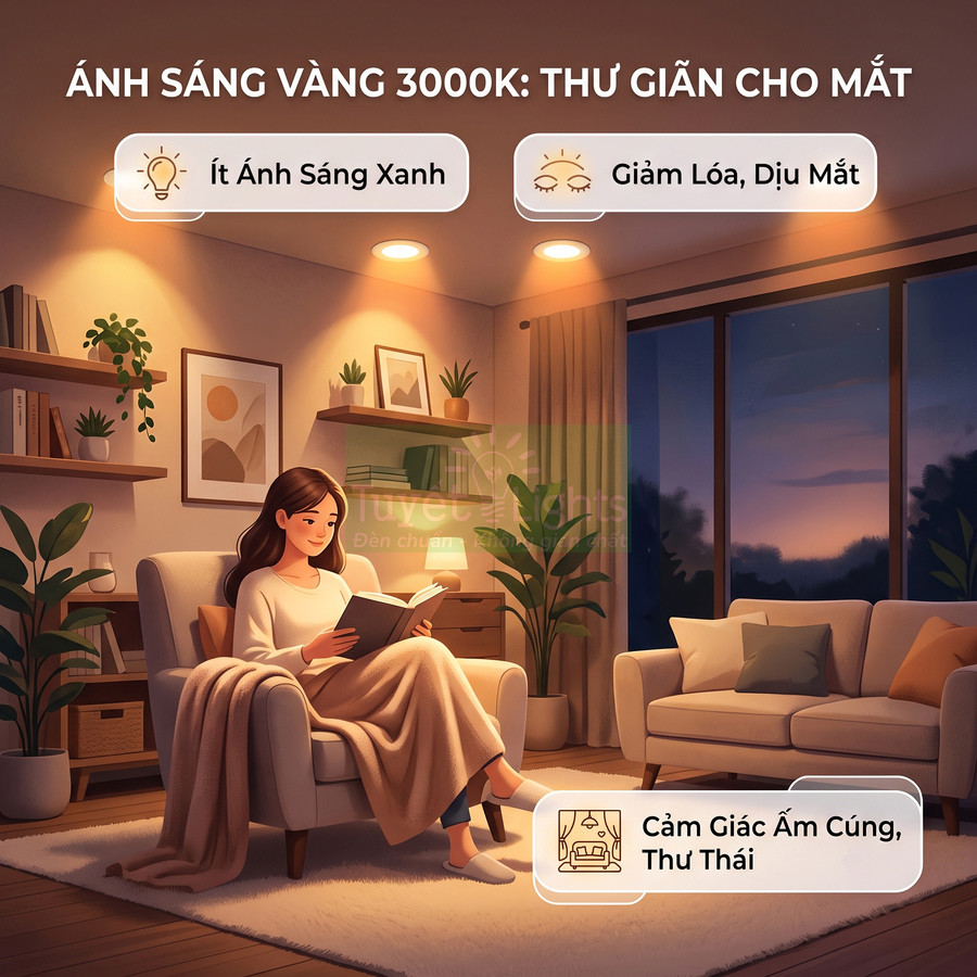 Đèn trần ánh sáng vàng 3000K tạo không gian phòng khách ấm cúng, dịu mắt cho người đọc sách
