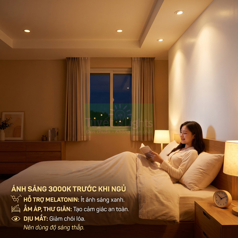 Đèn ngủ ánh sáng vàng 3000K trong phòng ngủ ấm áp, cô gái nằm trên giường đọc sách thư giãn
