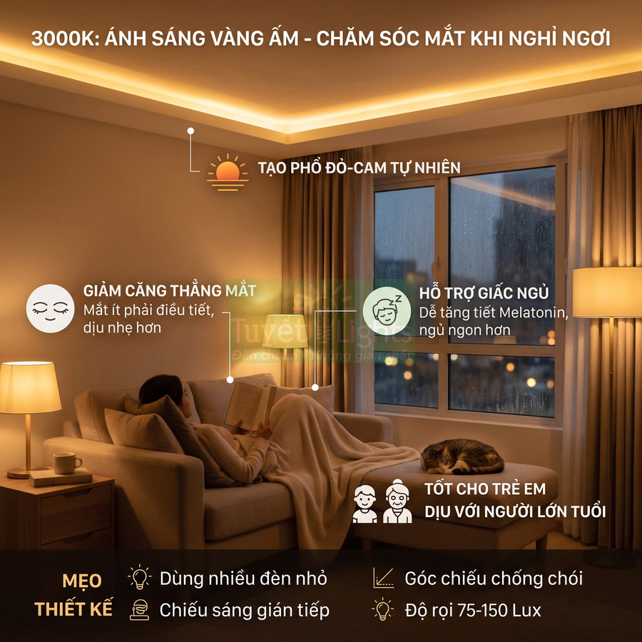 Phòng khách ấm áp với đèn LED ánh sáng vàng 3000K chiếu gián tiếp, người phụ nữ đọc sách thư giãn trên sofa